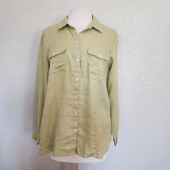 J. Jill Lime Green 100% Linen Long Sleeve Button Down Size M - Picture 1 of 13